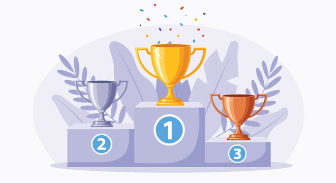 Illustration of a winners' podium with three trophies. A gold trophy on top, silver on the left, and bronze on the right. Confetti falls above, adding celebration.