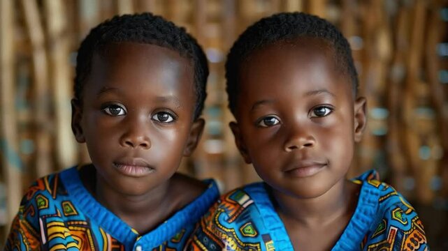 Two children in bright outfits look at the viewer with trusting and open faces, conveying the sincerity and joy of childhood. In demand for social projects where a warm background is needed to emphasi