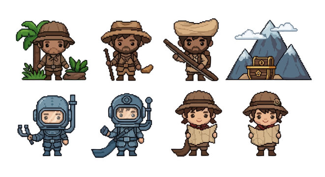 A collection of playful adventurer characters featuring explorers, treasure, and scenic mountains