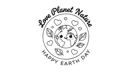 Obraz premium Earth Day icon with eco-friendly elements, featuring a globe, leaves, and hearts. Created in line art style with black and white color palette.