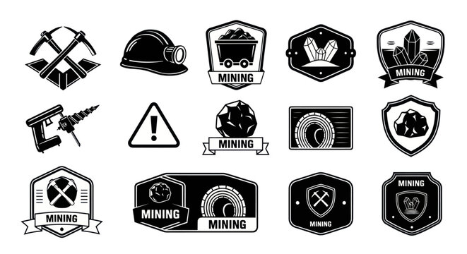 A collection of black and white mining-themed badges, icons, and symbols representing mining activities