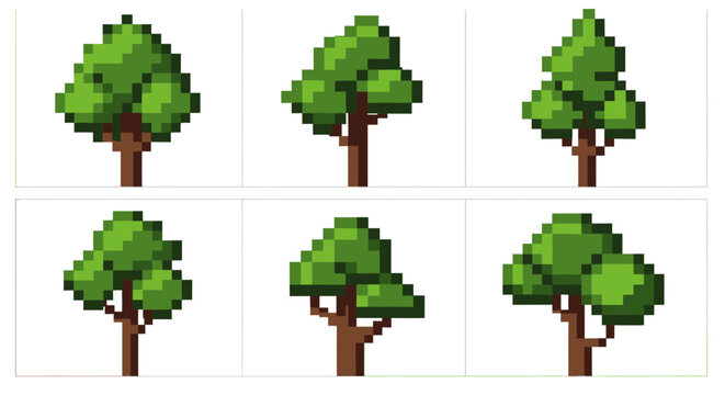 A detailed grid of pixelated trees showing various shapes and sizes, intricately designed