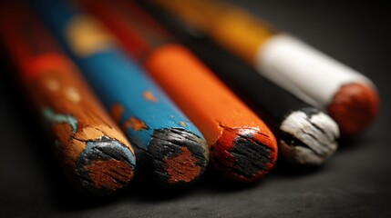 Close-up of brightly colored and worn drumstick tips showing visible signs of extensive use during musical performances