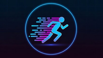 Dynamic running man icon with neon light trails on dark background