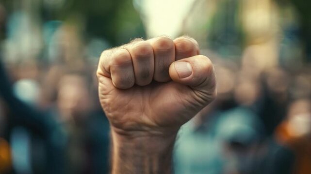 A person holding up their fist in front of a group of people, likely protesting or making a statement