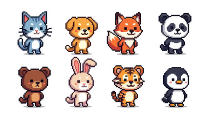 Obraz premium A collection of cute pixel art animals including a cat, dog, fox, panda, bear, rabbit, tiger, and penguin