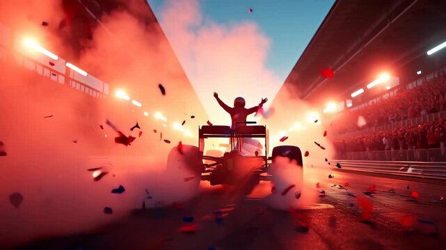 Silhouette of a professional race car driver standing on the track celebrating victory arms raised confidently against intense stadium lights 