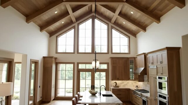 Bright contemporary kitchen interior with vaulted wood ceiling and large windows offering outdoor view in a luxurious home