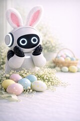 Cute small robot wearing bunny ears holding cheeks in surprise on soft pastel Easter background with painted eggs and flowers, spring greeting concept with copy space