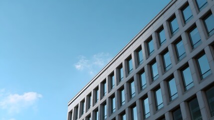Modern commercial building facade with a grid of geometric against a clear blue sky