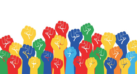 Diverse Raised Fists in Vibrant Colors Symbolizing Unity and Protest © Nak