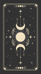 Tarot card for astrology. Frame in a bohemian design, moon phases, sun, stars, copy space. Magic vector illustration