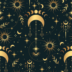 Magic seamless vector pattern with herbs, moons and stars. Boho pattern for astrology, esoteric, tarot, mystic and magic. 