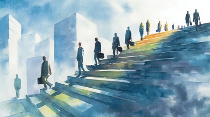 Obraz premium Watercolor panorama of long staircase through corporate landscape people moving upward steadily symbol planning discipline progress and sustainable business development. -