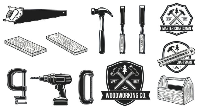 A montage of woodworking tools, including saws, chisels, drill, and wooden pieces with logos