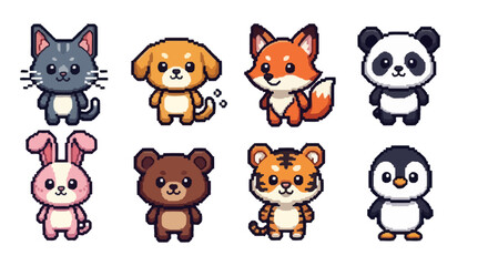 Fototapeta premium A collection of cute pixel-art animals, including a cat, dog, fox, panda, rabbit, bear, tiger, and penguin