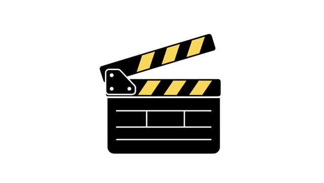 A clapperboard icon with black and yellow diagonal stripes, on white. The top section is open