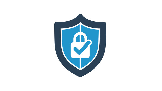 A navy and light blue shield graphic. A lock with a checkmark is in the center