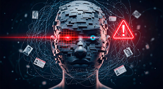 A futuristic digital human face with warning signs for cybersecurity and data protection concepts.