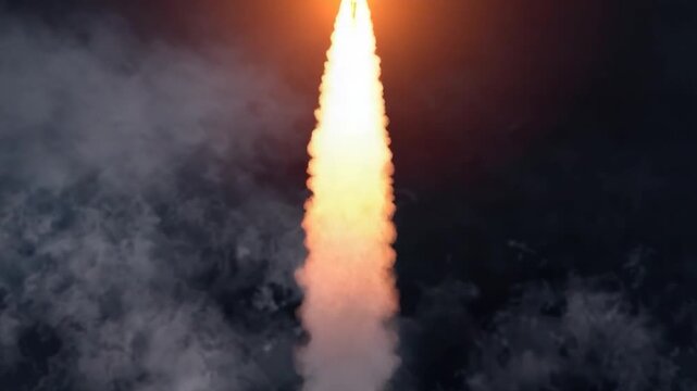 A rocket blasting off from a cloudy sky with contrails visible