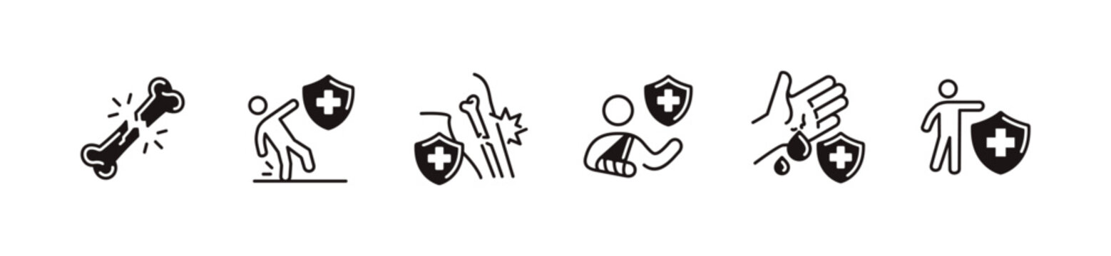 Life insurance injury shield protection icon line set unique style. People accident bone fracture, fall, wounded, injury damage medical care safety insurance signs vector illustration