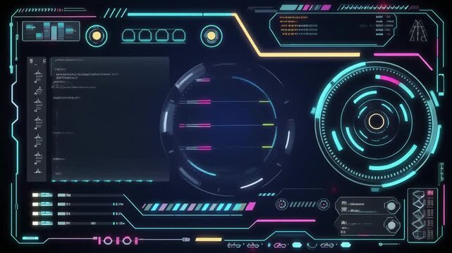 Futuristic digital dashboard displaying futuristic controls and data visualizations on a sleek black interface from a straight-on viewpoint