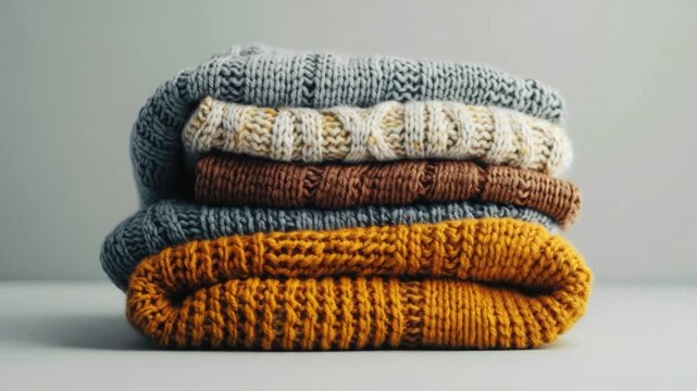 A pile of sweaters stacked high with varying colors and textures