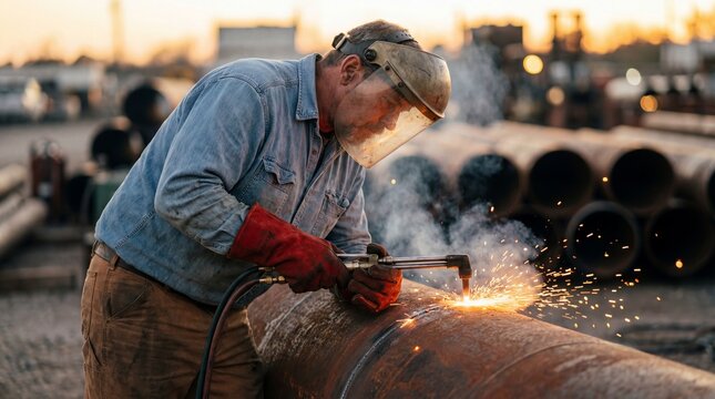 Professional welder cutting a large steel pipe with an oxy acetylene torch and sparks flying in an industrial yard. Skilled technician working on pipeline construction site with heavy steel pipes