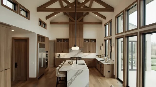 Interior design of luxury kitchen with vaulted ceiling and wood beam details in modern home featuring island