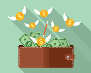 An open brown wallet overflowing with dollar bills, surrounded by flying winged coins. A magic wand hovers above, suggesting disappearing money. © DHS