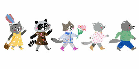 Fototapeta premium A charming illustration of five anthropomorphic animals walking in a row