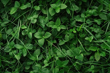 Obraz premium Vibrant green grass and leaves intertwining, forming a textured, natural background, ideal for nature themed projects
