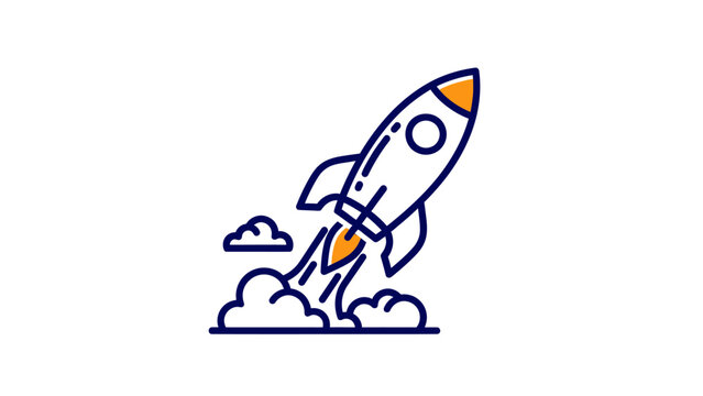 A stylized rocket blasts off, with smoke and clouds against a white background