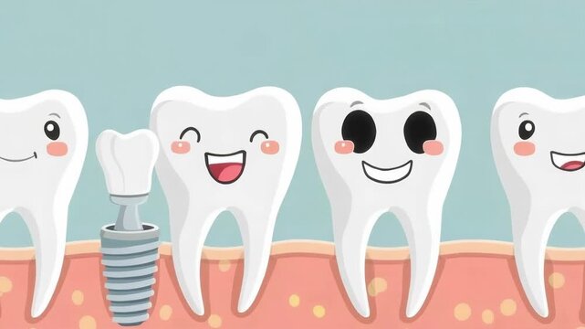 Cheerful cartoon teeth with implants explain dental procedures, suitable for children's educational backgrounds in clinics.
