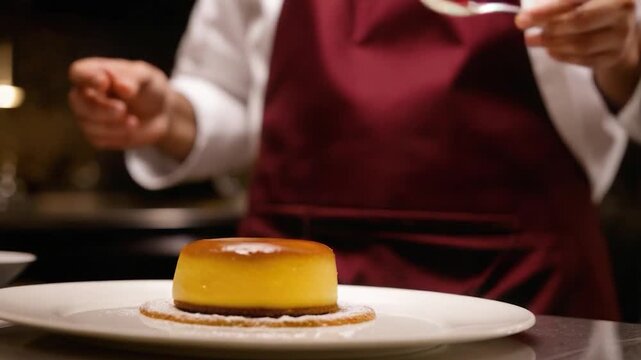 A person in a white shirt and red apron taking a bite of a sweet treat