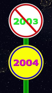 2003 No Entry and Coming 2004 new Year Comparison Road Sign Animation on Dark Background.