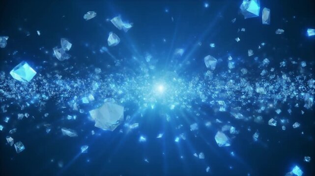 Glowing blue fragments radiating from a central light source in a dark environment, viewed from a frontal perspective