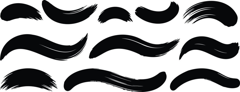 Hand drawn black ink paint strokes and wide artistic brush marks set