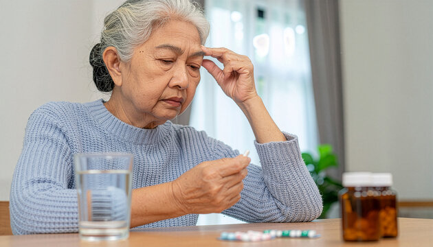 Elderly Woman Looking at Pill with Concern Senior Healthcare and Medication Concept