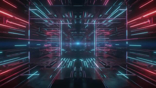 Futuristic neon-lit corridor with red and blue lights, abstract technology background, symmetrical architecture viewed from the center