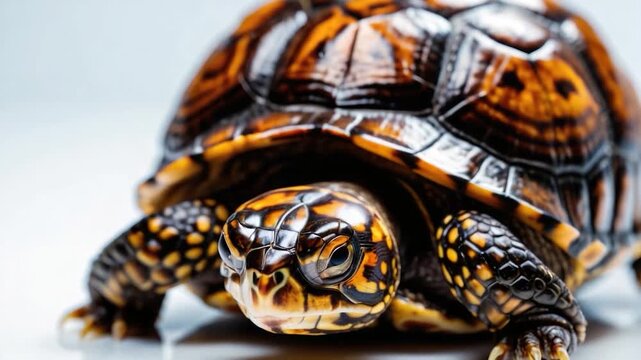 A detailed view of a turtle's shell and face on a white background