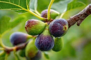 Macro photograph of ripe figs hanging among glossy leaves