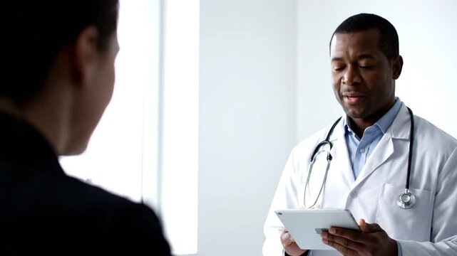 A male doctor in a white coat and stethoscope, holding a tablet, engages in a consultation. He actively listens and speaks to a person, whose back is visible, conveying information during their inter