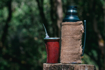 mate y termo sobre un tronco a la mañana, vida de campo © Daniel