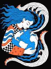 Woman Hugging Earth Globe Environmental Concept Vector Illustration
