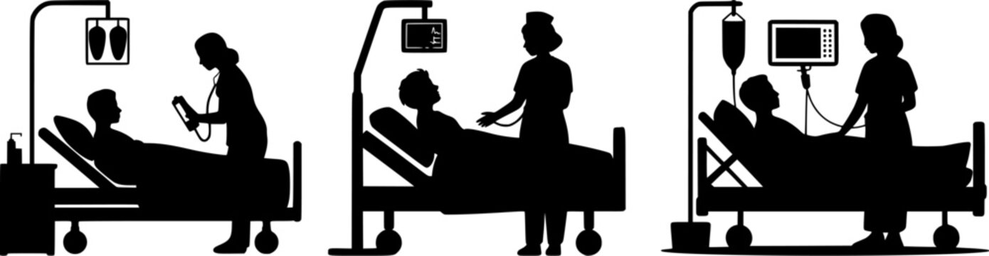 Vector silhouette set of hospital scenes with patient in bed, nurse and doctor examining and monitoring vital signs. Healthcare, treatment and medical care concept.