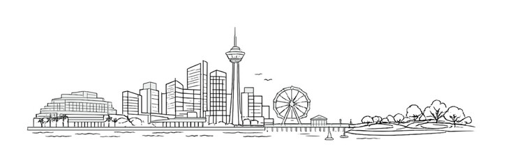 Waterfront city skyline with observation tower and pier