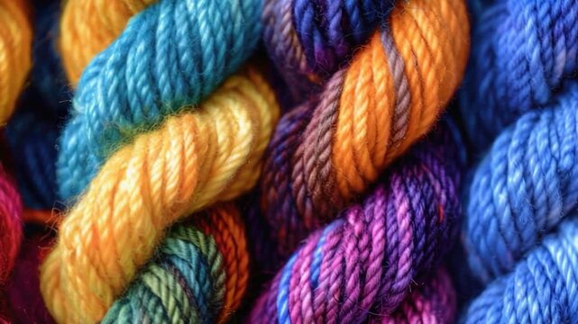 A close-up view of a colorful yarn bundle with various textures and colors