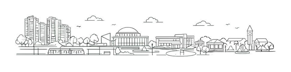 Civic campus with dome building and park beside transit