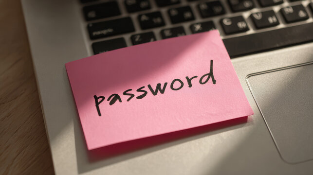 Pink sticky note with password written on it stuck to laptop keyboard for cybersecurity awareness